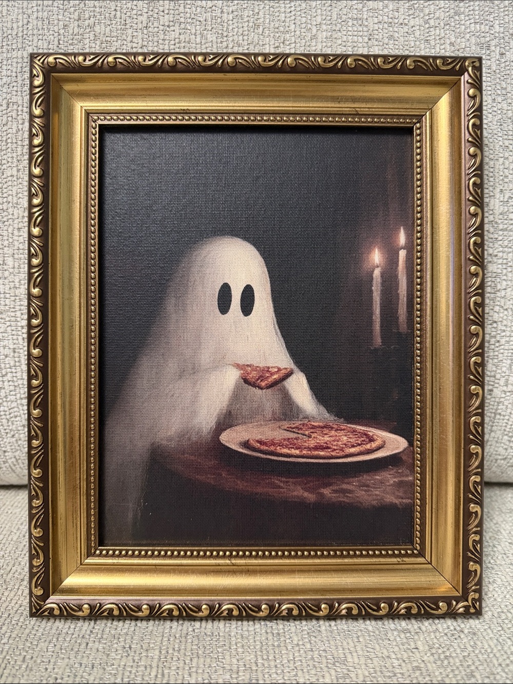 Ghost Eating Pizza Framed Wall Art - White